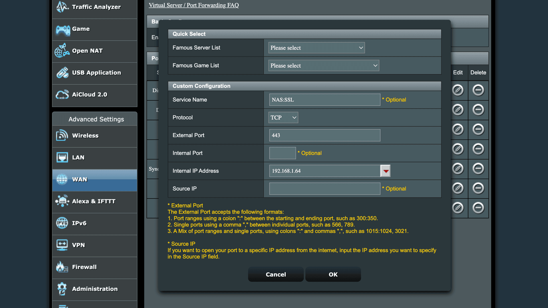 Screenshot of router port forwarding settings