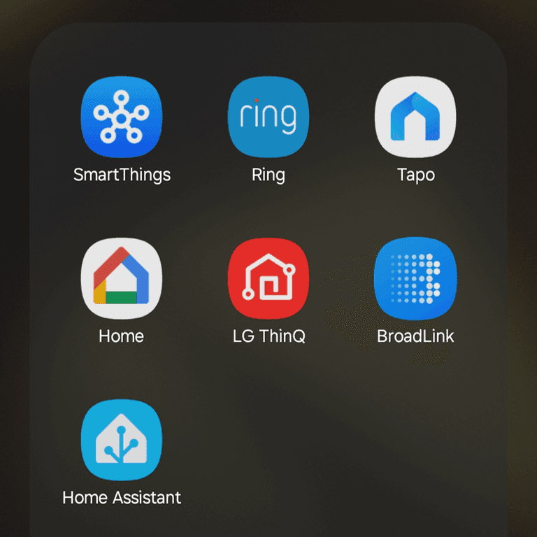 Screenshot of a smartphone folder showing icons for SmartThings, Ring, Tapo, Home, LG ThinQ, BroadLink, and Home
Assistant.