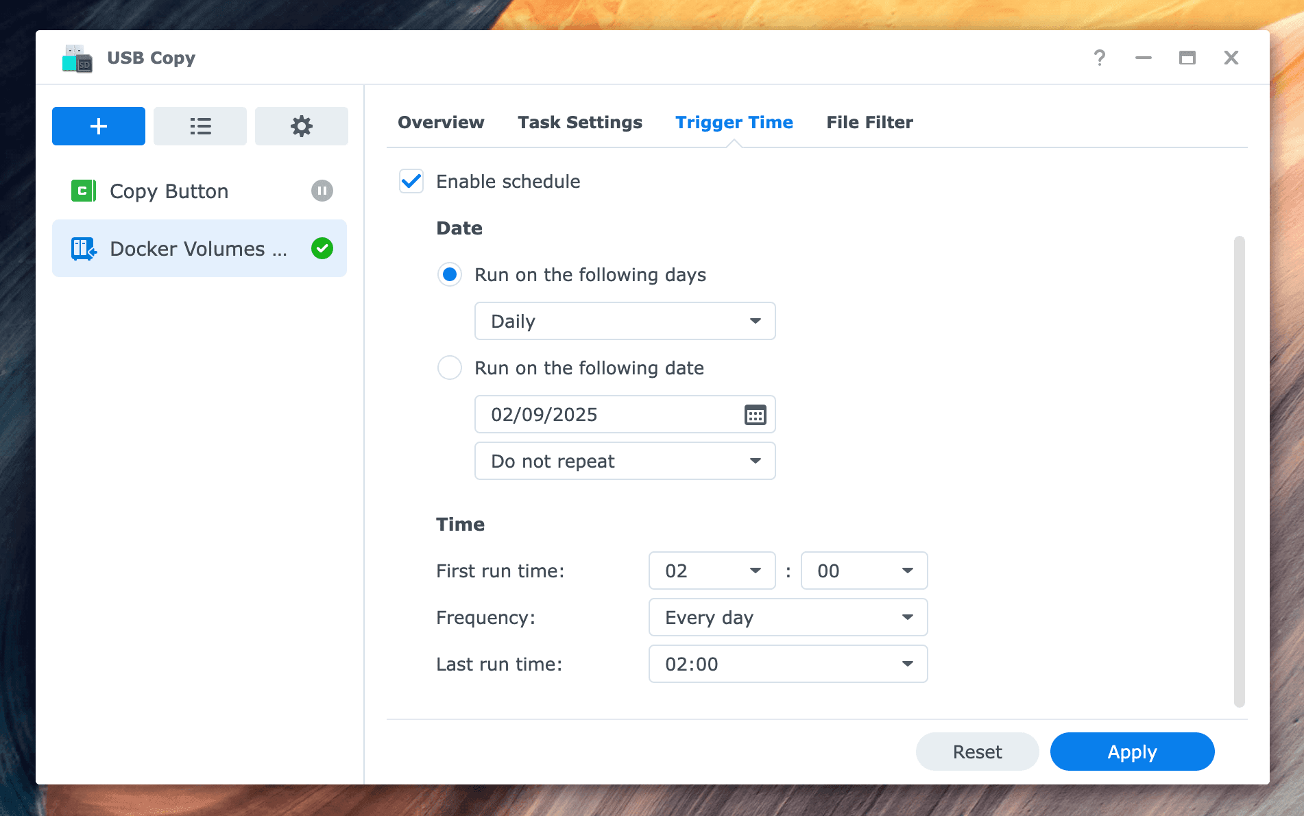 Screenshot of USB Copy schedule